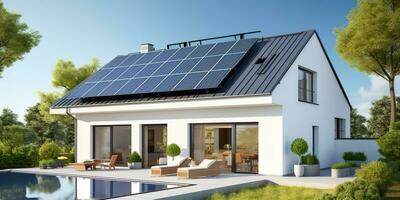 ai gegenereerd. ai generatief. alternatief macht elektriciteit op het dak huis zonne- paneel. modern architectuur gebouw. grafisch kunst foto