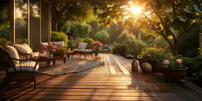 ai gegenereerd. ai generatief. buitenshuis natuur buitenkant huis huis hotel architectuur tuin met knus sofa en tafel. veel planten en bloemen Bij zonsondergang tijd. grafisch kunst foto