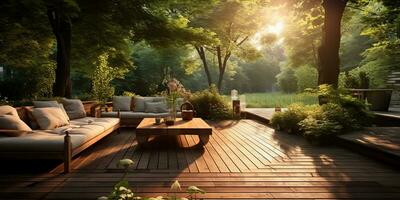 ai gegenereerd. ai generatief. buitenshuis natuur buitenkant huis huis hotel architectuur tuin met knus sofa en tafel. veel planten en bloemen Bij zonsondergang tijd. grafisch kunst foto