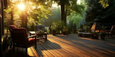 ai gegenereerd. ai generatief. buitenshuis natuur buitenkant huis huis hotel architectuur tuin met knus sofa en tafel. veel planten en bloemen Bij zonsondergang tijd. grafisch kunst foto