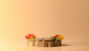 herfst houten Product podium met esdoorn- bladeren ai gegenereerd foto