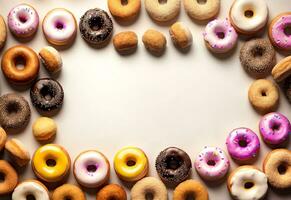kleurrijk vlak leggen van donuts in pastel achtergrond ai gegenereerd foto