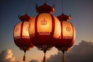3 Chinese lantaarn met wolk achtergrond ai gegenereerd foto
