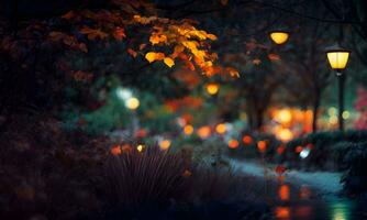 herfst bladeren en lantaarn in nacht tafereel ai gegenereerd foto