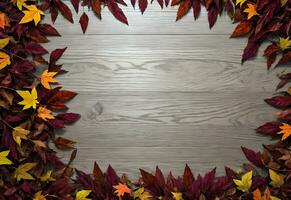 herfst bladeren kader in houten bord ai gegenereerd foto