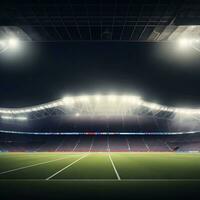 panoramisch visie van Amerikaans voetbal stadion. leeg nacht voetbal veld, niemand, banier sjabloon, kopiëren ruimte. ai gegenereerd foto