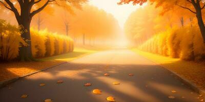 weg met vallend esdoorn- bladeren in herfst landschap ai gegenereerd foto