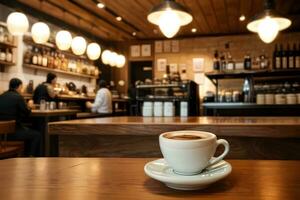 een kop van koffie Aan tafel in koffie winkel ai gegenereerd foto