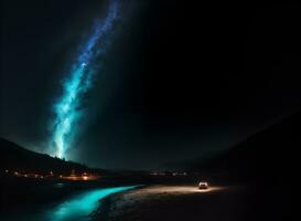 mooi rivier- landschap in nacht tafereel achtergrond ai gegenereerd foto