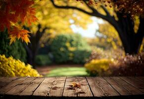 leeg houten tafel mockup met herfst tuin achtergrond ai gegenereerd foto