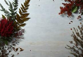 rood herfst vlak leggen met kopiëren ruimte in wit houten bord achtergrond ai gegenereerd foto