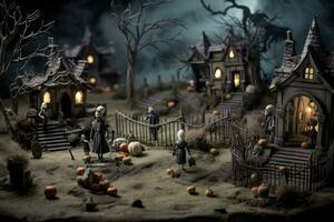halloween achtergrond met eng schattig model- in de spookachtig dorp tafereel, begraafplaats en grafsteen Aan begraafplaats Oppervlakte Bij nacht. foto