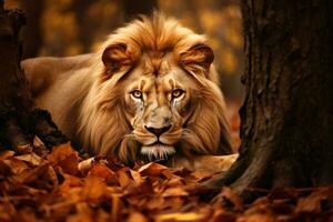 portret van Leo leeuw schuilplaats of op de loer in de Woud jacht- voor prooien, dieren dieren in het wild concept, dier in de oerwoud, gevaarlijk tijd. foto