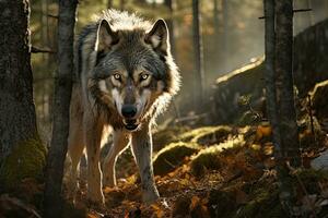 portret van grijs wolf schuilplaats of op de loer in de Woud jacht- voor prooien, dieren dieren in het wild concept, dier in de oerwoud, gevaarlijk tijd. foto