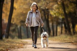 oud sportief vrouw wandelen haar hond in de park in herfst dag, ai gegenereerd foto