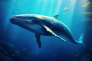 een gebochelde walvis Toneelstukken in de buurt de oppervlakte in blauw water, ai gegenereerd foto