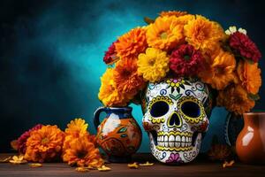 dag van de dood viering achtergrond met suiker schedel, calaverita, goudsbloemen bloemen, ai gegenereerd foto