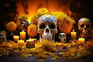dag van de dood, dia de los Muertos viering achtergrond met suiker schedel, ai gegenereerd foto