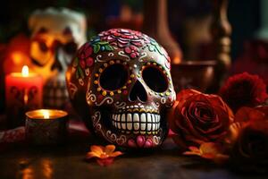dia de los Muertos viering achtergrond met suiker schedel, goudsbloemen bloemen, ai gegenereerd foto
