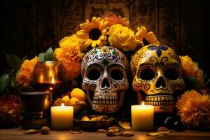 dag van de dood, dia de los Muertos viering achtergrond met suiker schedel, ai gegenereerd foto