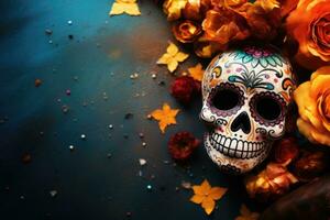 dia de los Muertos viering achtergrond met suiker schedel, goudsbloemen bloemen, ai gegenereerd foto