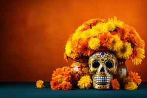 dag van de dood, dia de los Muertos viering achtergrond met suiker schedel, calaverita, goudsbloemen bloemen, ai gegenereerd foto