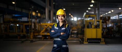 portret van een zelfverzekerd bouwkunde vrouw. arm gekruist, glimlachen en op zoek Bij camera. vervelend bouw moeilijk hoed, staand in de fabriek. ai generatief foto