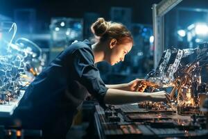 professioneel bouwkunde vrouw werken met de bureau in de fabriek of kantoor. ontwerp een robotachtig. ai generatief foto