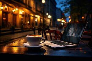 laptop en kop van koffie Bij nacht straat cafe. generatief ai foto