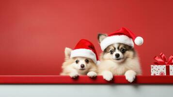 schattig hond in santas hoed met geschenk doos foto