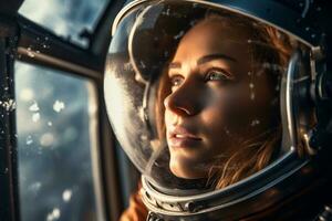 een mooi vrouw in een ruimte pak op zoek uit naar de ruimteschip venster ai generatief foto