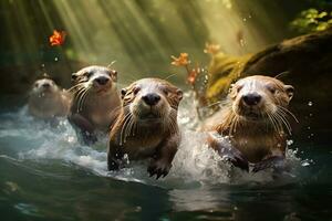 groep van speels otters zwemmen in de rivier- ai generatief foto