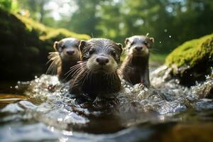 groep van speels otters zwemmen in de rivier- ai generatief foto