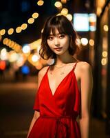 mooi Aziatisch meisje vervelend aantrekkingskracht zijde jurk ai generatief foto