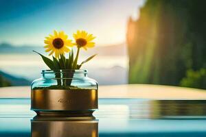 zonnebloemen in een glas pot Aan een tafel. ai-gegenereerd foto
