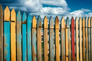 een kleurrijk houten hek met blauw lucht in de achtergrond. ai-gegenereerd foto