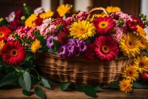 een mand vol van kleurrijk bloemen Aan een tafel. ai-gegenereerd foto