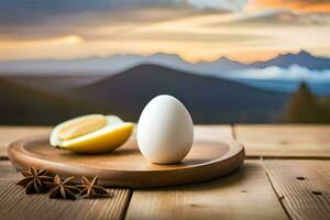 een ei Aan een houten tafel met een citroen en anijs. ai-gegenereerd foto