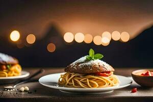 spaghetti en tomaat saus Aan een bord. ai-gegenereerd foto