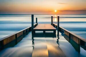 een pier in de oceaan Bij zonsondergang. ai-gegenereerd foto