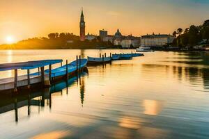 de zon is instelling over- de water in voorkant van een stad. ai-gegenereerd foto