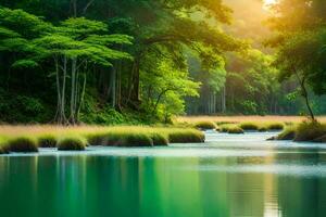 een rivier- in de Woud met gras en bomen. ai-gegenereerd foto