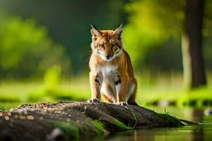 een lynx is staand Aan een log in de water. ai-gegenereerd foto