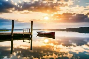 een boot zit Aan de dok Bij zonsondergang. ai-gegenereerd foto