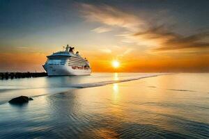 een reis schip in de oceaan Bij zonsondergang. ai-gegenereerd foto