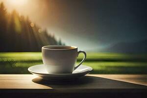 koffie kop Aan de tafel met de zon schijnt. ai-gegenereerd foto