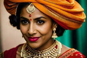 een vrouw in traditioneel Indisch kleding met een goud ketting. ai-gegenereerd foto