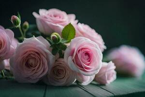 roze rozen Aan een groen tafel. ai-gegenereerd foto