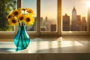 zonnebloemen in een vaas Aan een tafel in voorkant van een venster. ai-gegenereerd foto