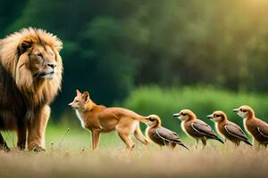 een leeuw en zijn familie van vogels. ai-gegenereerd foto